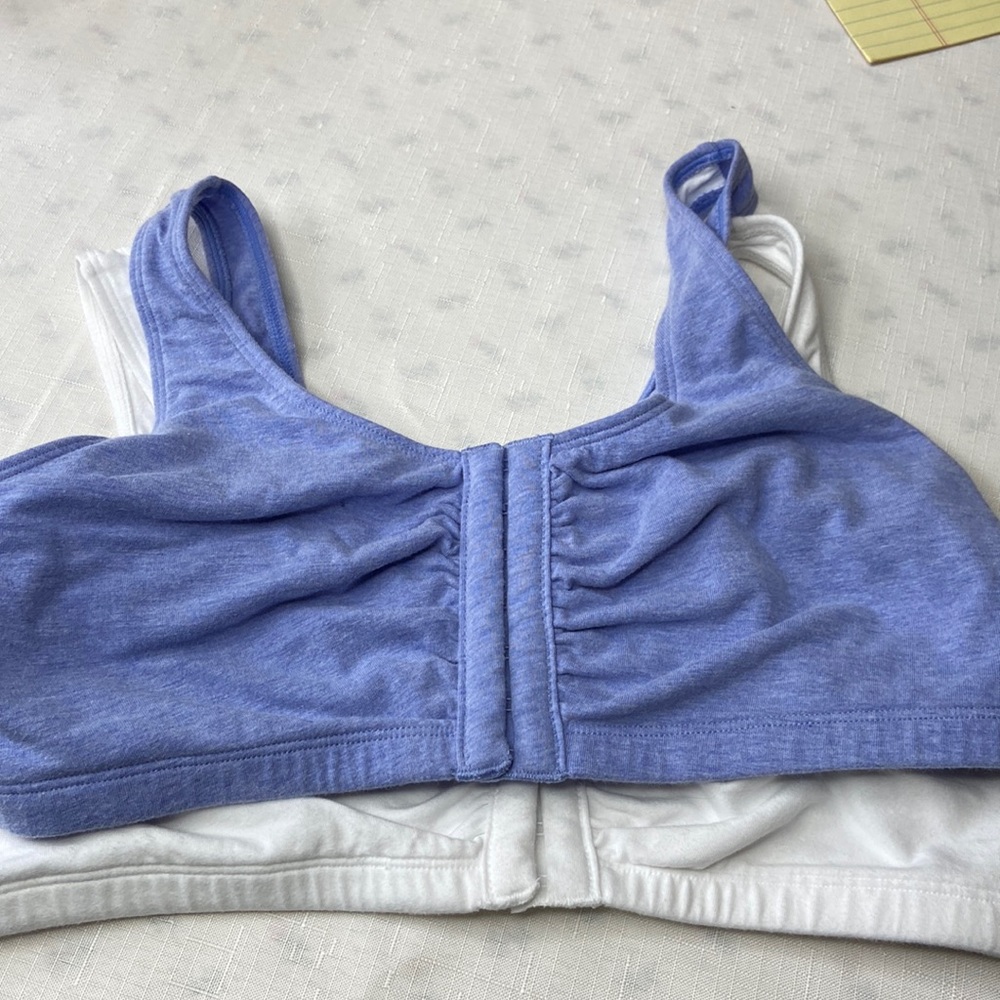 2 each fruit of the loom purple/white stretchy sz 38 bra, front eyelet closure